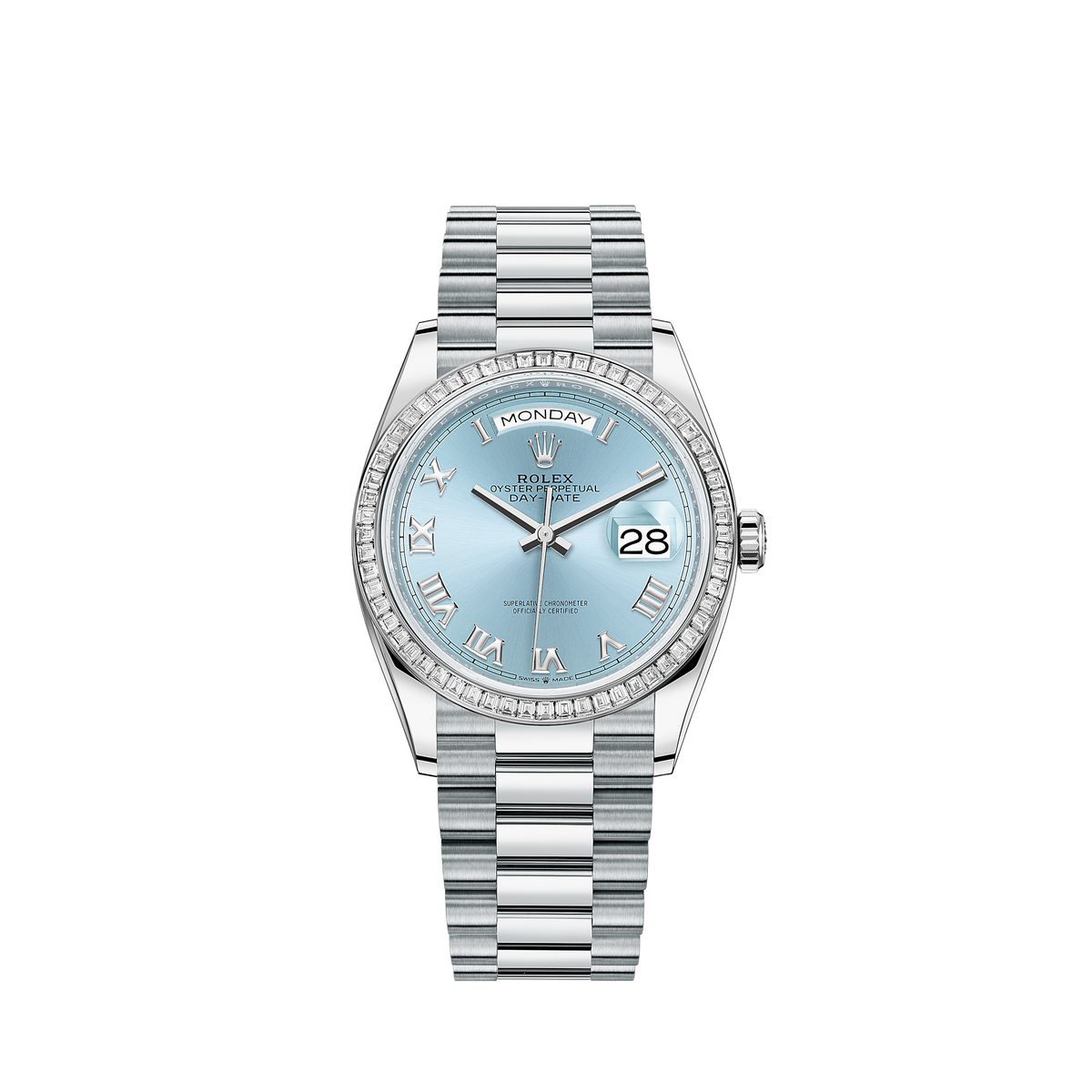 128396TBR-0002 Rolex Day-Date Platinum Diamond Set Bezel Ice Blue Dial 36mm