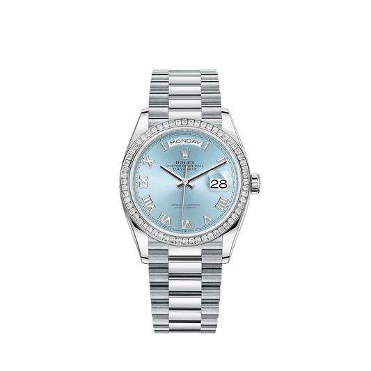 128396TBR-0002 Rolex Day-Date Platinum Diamond Set Bezel Ice Blue Dial 36mm